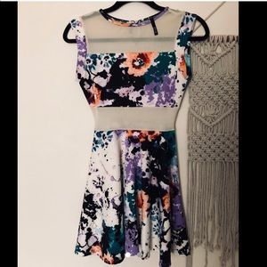 Floral print mesh cut out dress